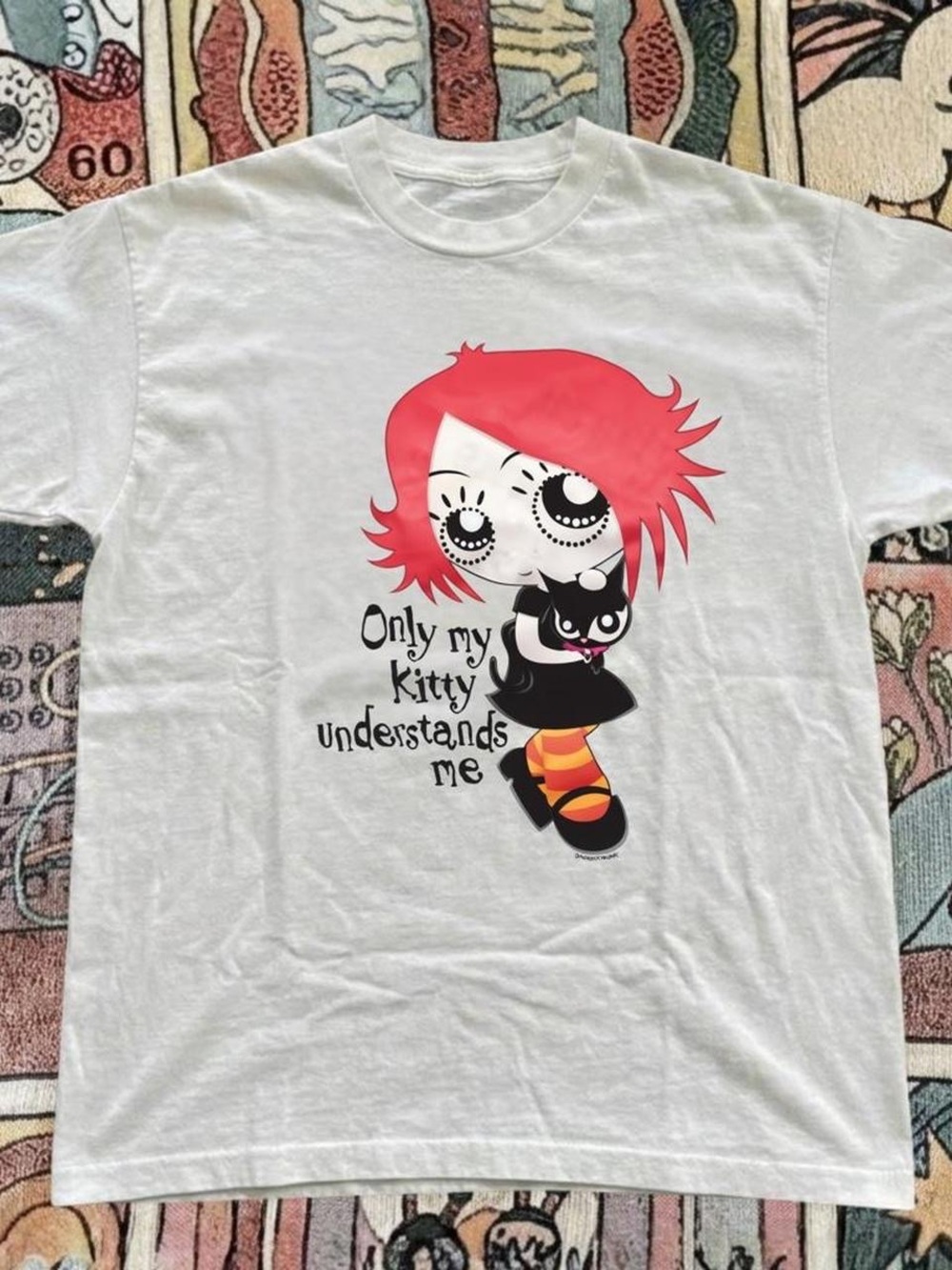 Gildan White Tee with Pink Graphic Cartoon Girl and Black Kitty